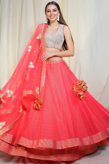 Buy_Nikasha_Peach Net, Dupion Silk, Chevron Round Embellished Bridal Lehenga Set _Online_at_Aza_Fashions