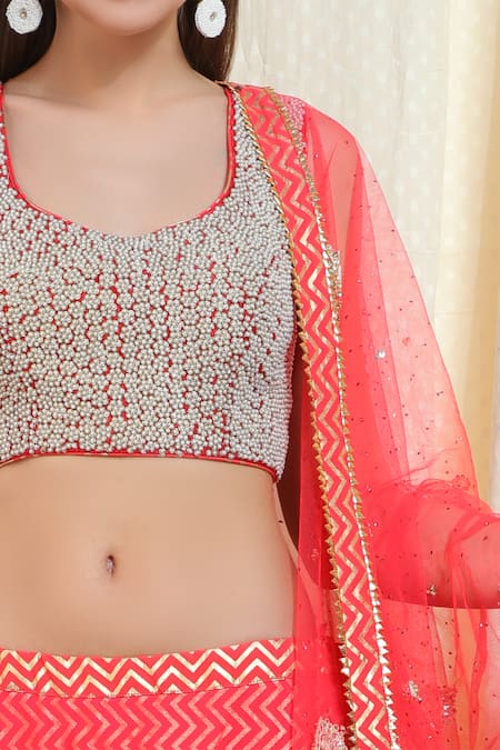 Nikasha_Peach Net, Dupion Silk, Chevron Round Embellished Bridal Lehenga Set _at_Aza_Fashions