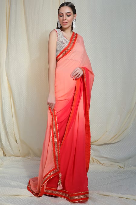 Nikasha_Pink Chiffon Round Embellished Saree With Blouse _Online_at_Aza_Fashions