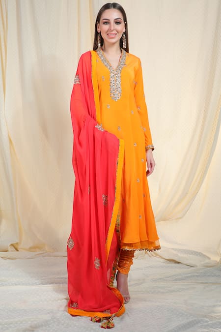 Nikasha_Orange Crepe, Georgette V Neck Embroidered Anarkali Set _Online_at_Aza_Fashions