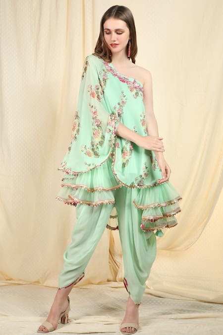 Buy_Nikasha_Green Crepe Asymmetric Printed Tunic Dhoti Pant Set _Online_at_Aza_Fashions