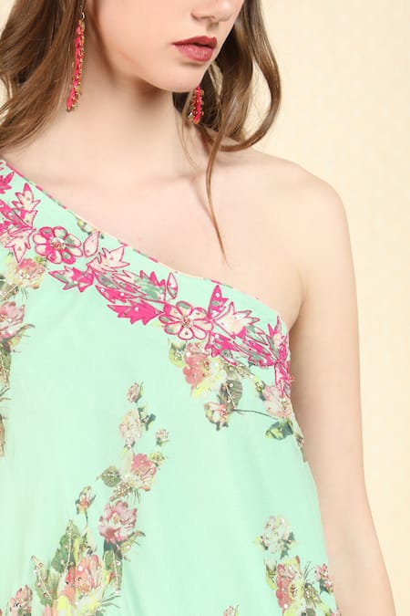 Nikasha_Green Crepe Asymmetric Printed Tunic Dhoti Pant Set _at_Aza_Fashions