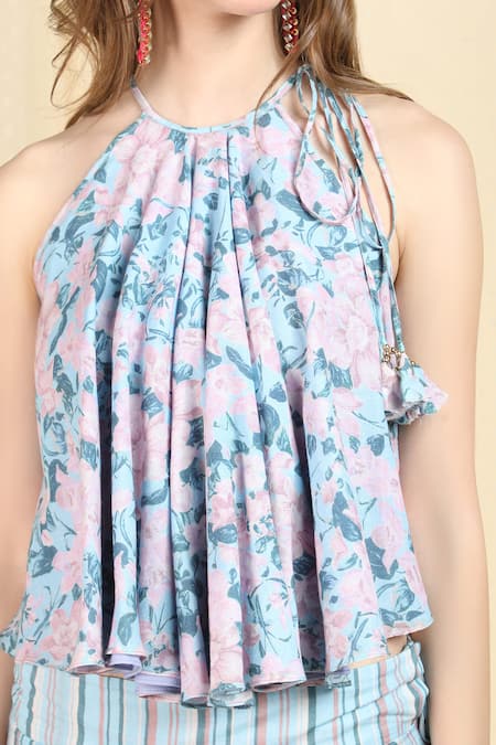 Buy_Nikasha_Blue Cambric Halter Printed Dhoti Pant Set _Online_at_Aza_Fashions