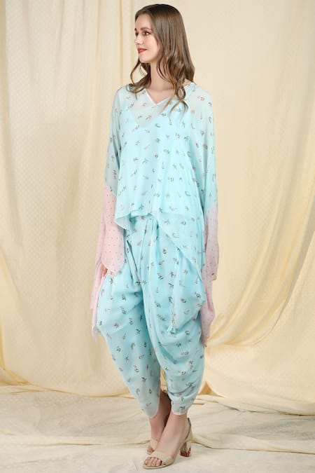Nikasha_Blue Crepe V Neck Printed Dhoti Pant Set _Online_at_Aza_Fashions