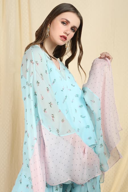 Buy_Nikasha_Blue Crepe V Neck Printed Dhoti Pant Set _Online_at_Aza_Fashions