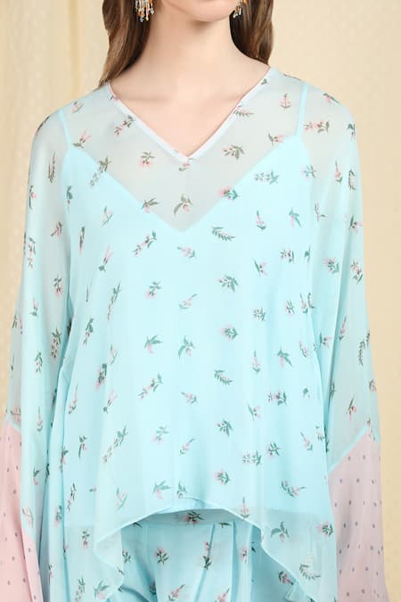 Shop_Nikasha_Blue Crepe V Neck Printed Dhoti Pant Set _Online_at_Aza_Fashions