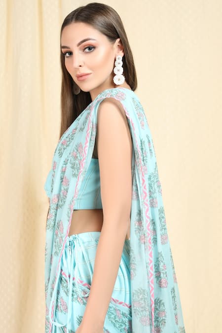 Shop_Nikasha_Blue Georgette, Lurex Crepe Round Pre-draped Printed Saree With Blouse _Online_at_Aza_Fashions