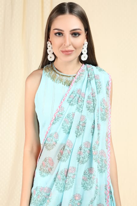 Nikasha_Blue Georgette, Lurex Crepe Round Pre-draped Printed Saree With Blouse _at_Aza_Fashions