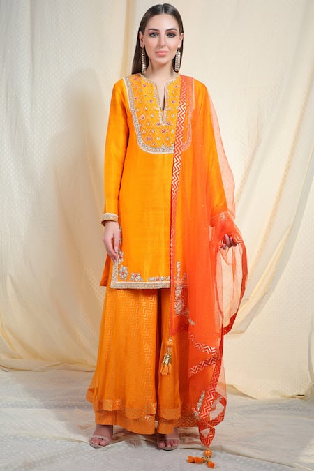 Nikasha Orange Raw Silk Notched Embellished Kurta Sharara Set 