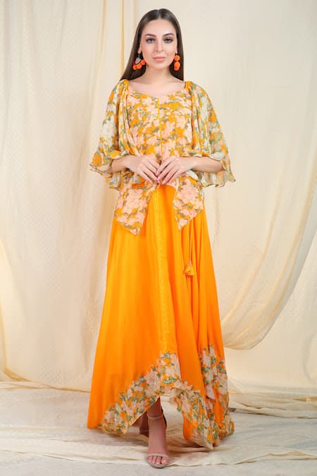 Nikasha Orange Crepe V Neck Printed Top Skirt Set
