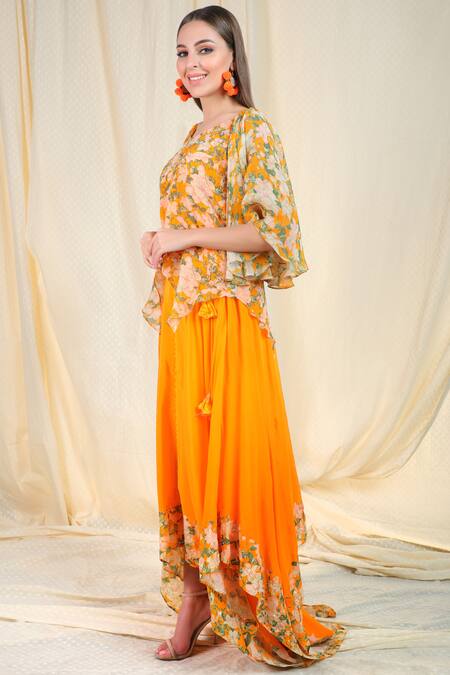 Nikasha_Orange Crepe V Neck Printed Top Skirt Set _Online_at_Aza_Fashions