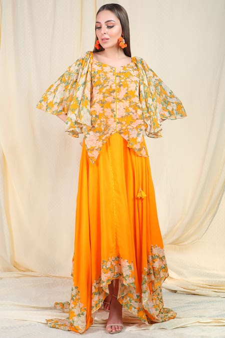 Buy_Nikasha_Orange Crepe V Neck Printed Top Skirt Set _Online_at_Aza_Fashions