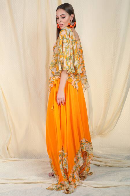 Shop_Nikasha_Orange Crepe V Neck Printed Top Skirt Set _Online_at_Aza_Fashions