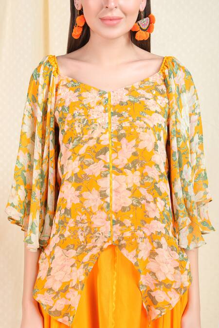 Nikasha_Orange Crepe V Neck Printed Top Skirt Set _at_Aza_Fashions