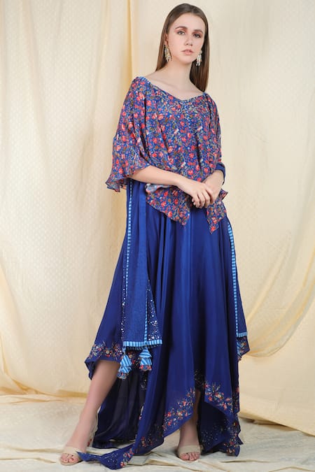 Nikasha_Blue Crepe V Neck Printed Top Skirt Set _Online_at_Aza_Fashions