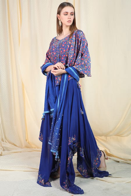 Buy_Nikasha_Blue Crepe V Neck Printed Top Skirt Set _Online_at_Aza_Fashions