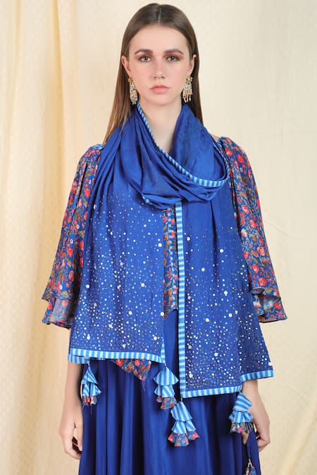 Shop_Nikasha_Blue Crepe V Neck Printed Top Skirt Set _Online_at_Aza_Fashions