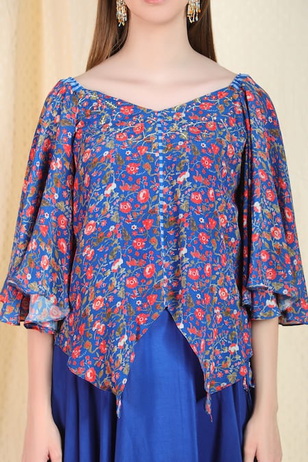 Nikasha_Blue Crepe V Neck Printed Top Skirt Set _at_Aza_Fashions