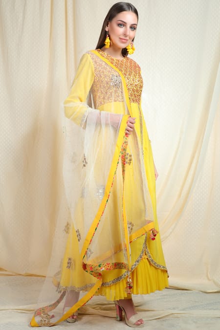 Nikasha_Yellow Crepe Round Embroidered Anarkali Set _Online_at_Aza_Fashions
