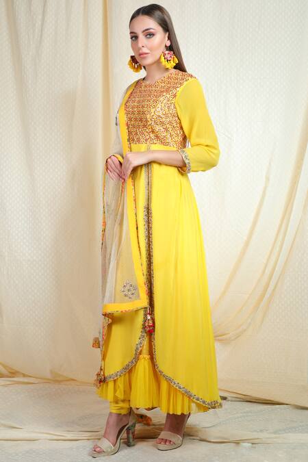 Buy_Nikasha_Yellow Crepe Round Embroidered Anarkali Set _Online_at_Aza_Fashions