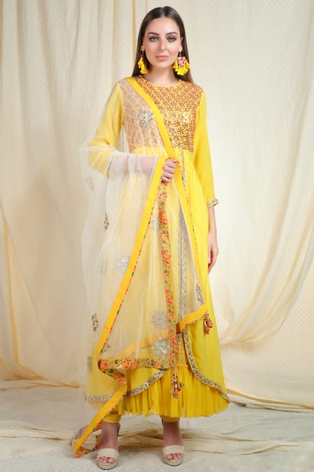 Shop_Nikasha_Yellow Crepe Round Embroidered Anarkali Set _Online_at_Aza_Fashions