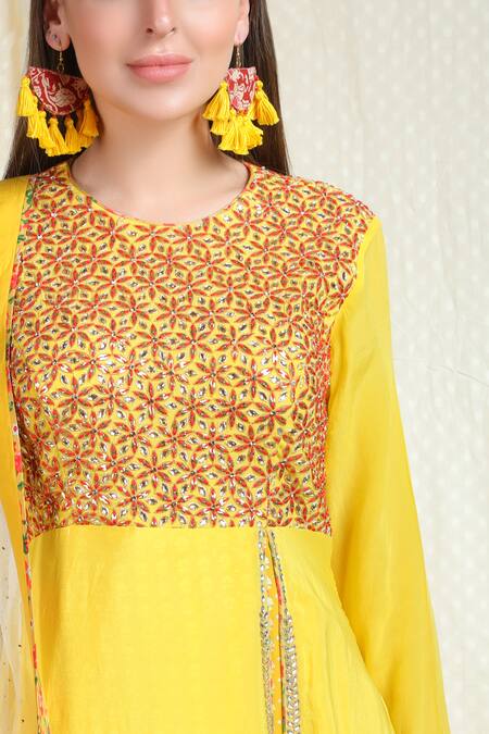 Nikasha_Yellow Crepe Round Embroidered Anarkali Set _at_Aza_Fashions