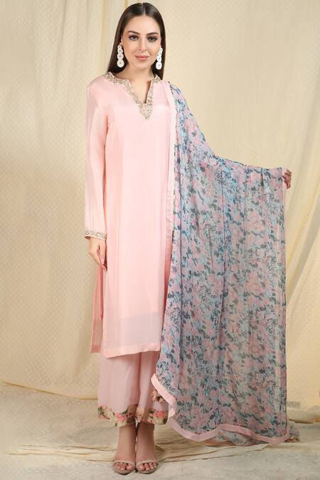 Nikasha_Pink Silk, Crepe, Georgette Notched Embellished Kurta Pant Set _Online_at_Aza_Fashions