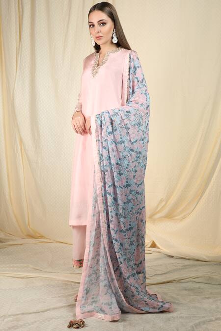 Buy_Nikasha_Pink Silk, Crepe, Georgette Notched Embellished Kurta Pant Set _Online_at_Aza_Fashions