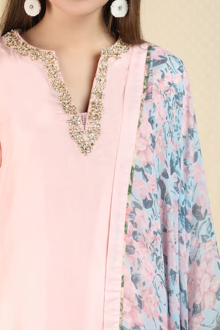 Nikasha_Pink Silk, Crepe, Georgette Notched Embellished Kurta Pant Set _at_Aza_Fashions