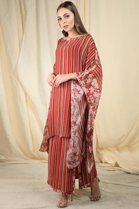 Nikasha_Maroon Georgette Round Striped Kaftan Skirt Set _Online_at_Aza_Fashions