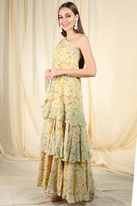Nikasha_Yellow Crepe Asymmetric Printed Tiered Dress _Online_at_Aza_Fashions