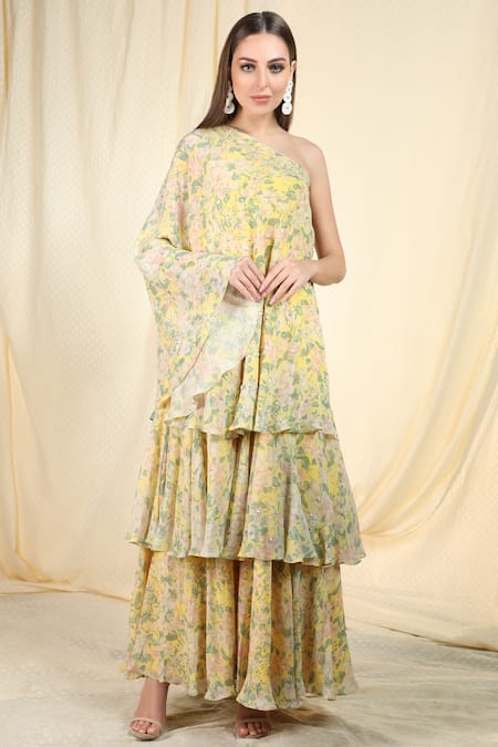 Buy_Nikasha_Yellow Crepe Asymmetric Printed Tiered Dress _Online_at_Aza_Fashions