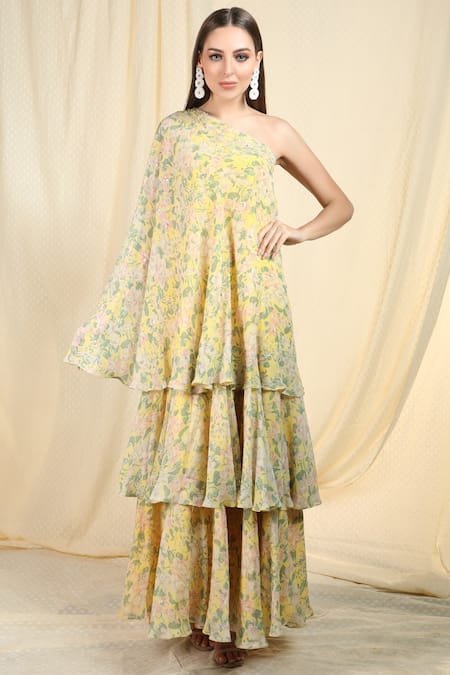 Shop_Nikasha_Yellow Crepe Asymmetric Printed Tiered Dress _Online_at_Aza_Fashions