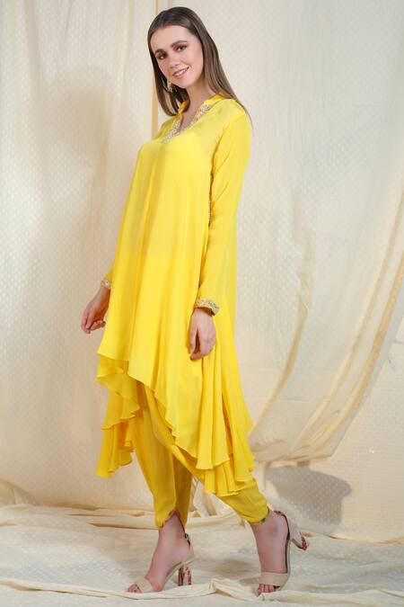 Nikasha_Yellow Crepe Band Embroidered Kurta Dhoti Pant Set _Online_at_Aza_Fashions
