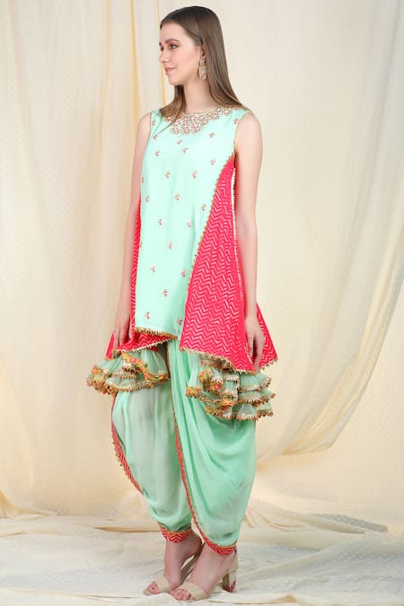Nikasha_Green Crepe Round Embellished Kurta Dhoti Pant Set _Online_at_Aza_Fashions