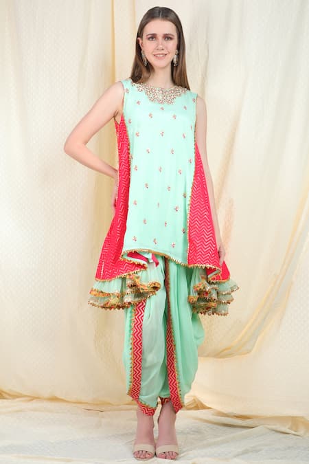 Buy_Nikasha_Green Crepe Round Embellished Kurta Dhoti Pant Set _Online_at_Aza_Fashions
