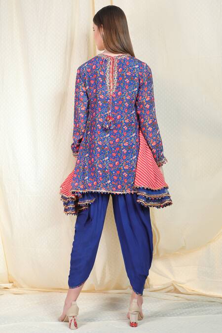 Shop Nikasha Blue Crepe Round Printed Kurta Dhoti Pant Set at Aza Fashions Shop_Nikasha_Blue Crepe Round Printed Kurta Dhoti Pant Set _at_Aza_Fashions