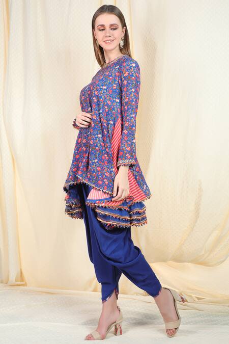 Nikasha Blue Crepe Round Printed Kurta Dhoti Pant Set Online at Aza Fashions Nikasha_Blue Crepe Round Printed Kurta Dhoti Pant Set _Online_at_Aza_Fashions
