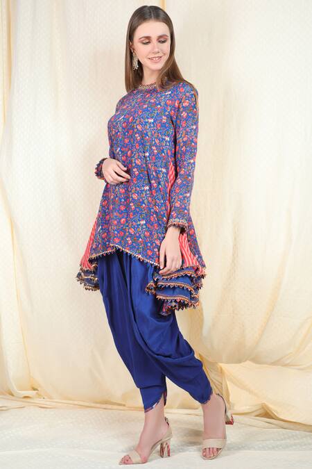 Shop_Nikasha_Blue Crepe Round Printed Kurta Dhoti Pant Set _Online_at_Aza_Fashions