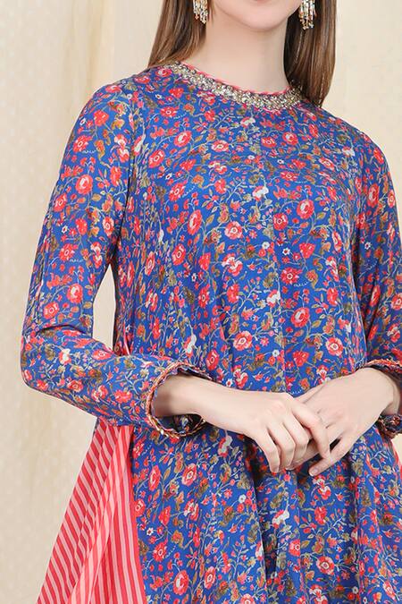 Nikasha Blue Crepe Round Printed Kurta Dhoti Pant Set at Aza Fashions Nikasha_Blue Crepe Round Printed Kurta Dhoti Pant Set _at_Aza_Fashions