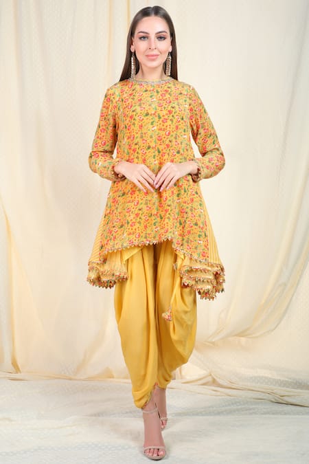 Nikasha Yellow Crepe Round Printed Kurta Dhoti Pant Set 