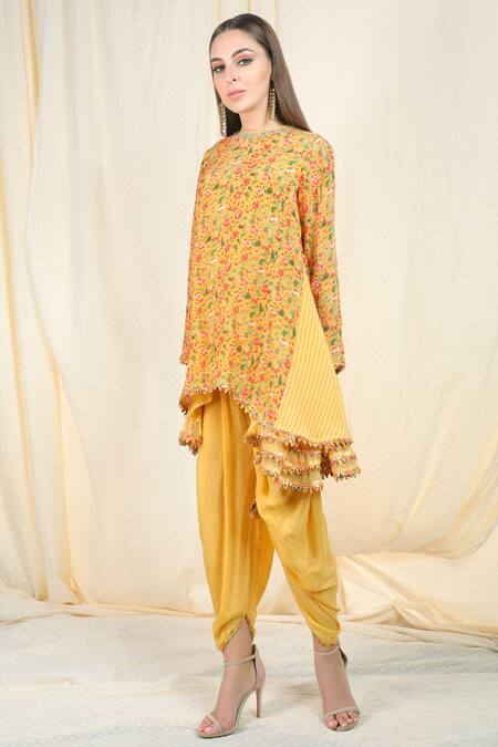 Nikasha_Yellow Crepe Round Printed Kurta Dhoti Pant Set _Online_at_Aza_Fashions