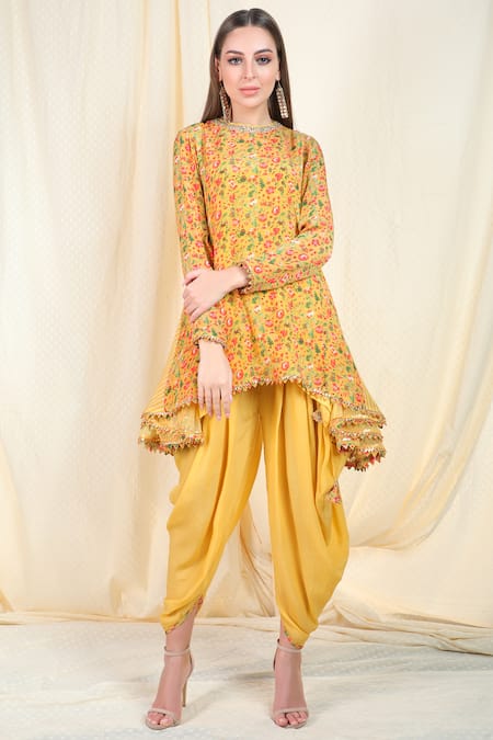 Buy_Nikasha_Yellow Crepe Round Printed Kurta Dhoti Pant Set _Online_at_Aza_Fashions