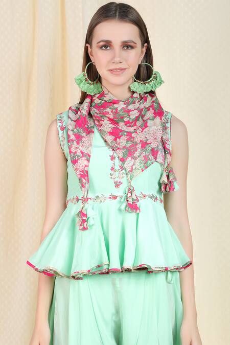 Shop_Nikasha_Green Crepe, Chiffon Band Printed Kurta Dhoti Pant Set _Online_at_Aza_Fashions