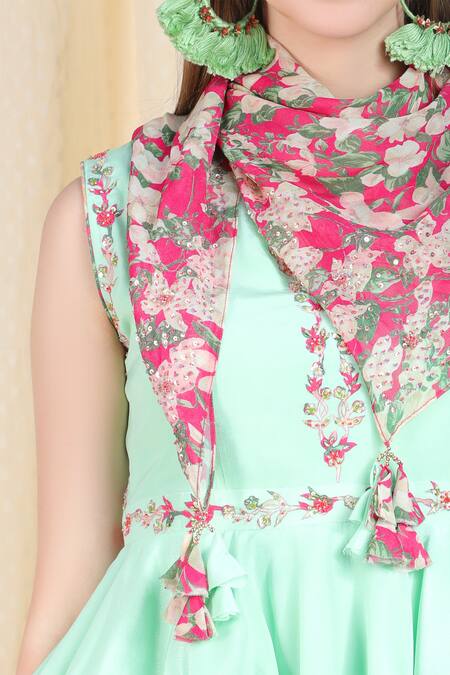 Nikasha_Green Crepe, Chiffon Band Printed Kurta Dhoti Pant Set _at_Aza_Fashions