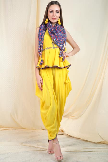 Buy_Nikasha_Yellow Crepe, Chiffon Band Printed Kurta Dhoti Pant Set _Online_at_Aza_Fashions