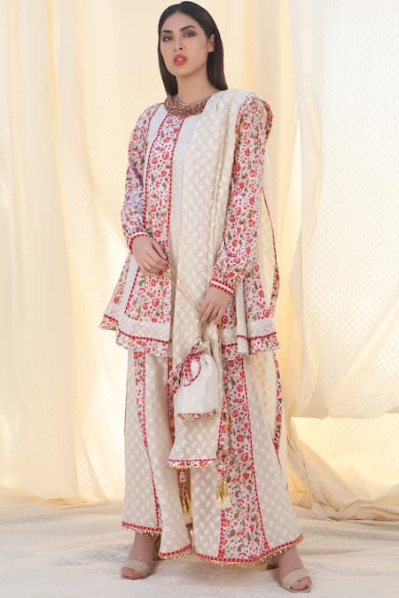 Nikasha_White Jamdani Round Printed Anarkali Palazzo Set _Online_at_Aza_Fashions