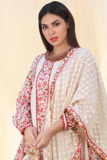 Buy_Nikasha_White Jamdani Round Printed Anarkali Palazzo Set _Online_at_Aza_Fashions