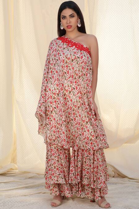 Nikasha_White Crepe Printed One Shoulder Tunic Sharara Set _Online_at_Aza_Fashions