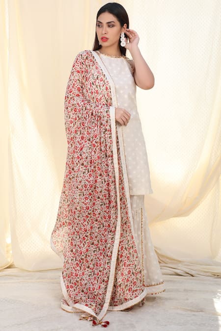 Buy_Nikasha_White Chiffon, Jamdani Halter Printed Kurta Sharara Set _Online_at_Aza_Fashions